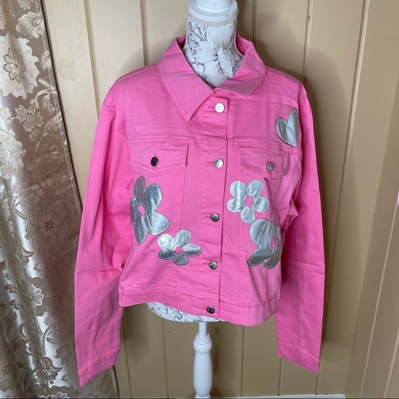 New! Dolls Kill x Delias Holographic Flower Appliqué Jacket Pink Silver Size 2X - Picture 2 of 4